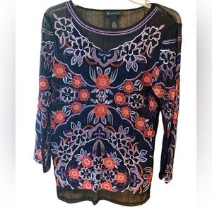INC Sz M Black Purple Heavy Embroidered Front Design Sheer Overlay Tank Top